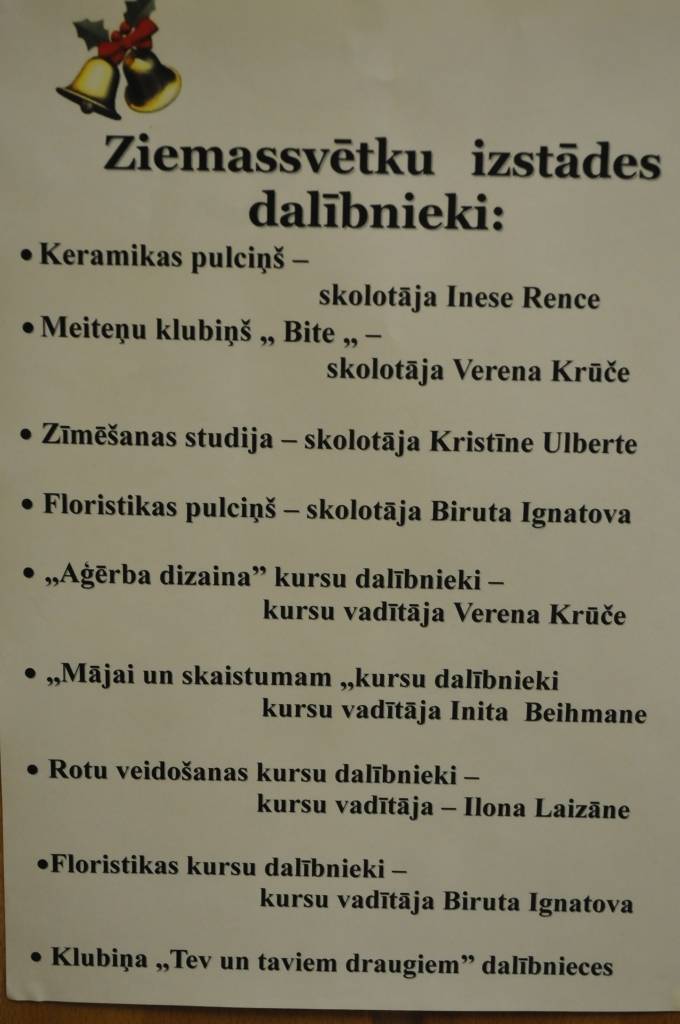 Grobiņas novada skolēnu interešu centrā skatāma lietišķās mākslas pulciņu un kursu dalībnieku veidoto darbu izstāde pārdošana Ziemassvētku noskaņās. “Skatāms viss, kas mūsu mājā notiek,” izstādi raksturo metodiķe Mārīte Bruža. Savus darbus...
Autors: Iluta Dreimane