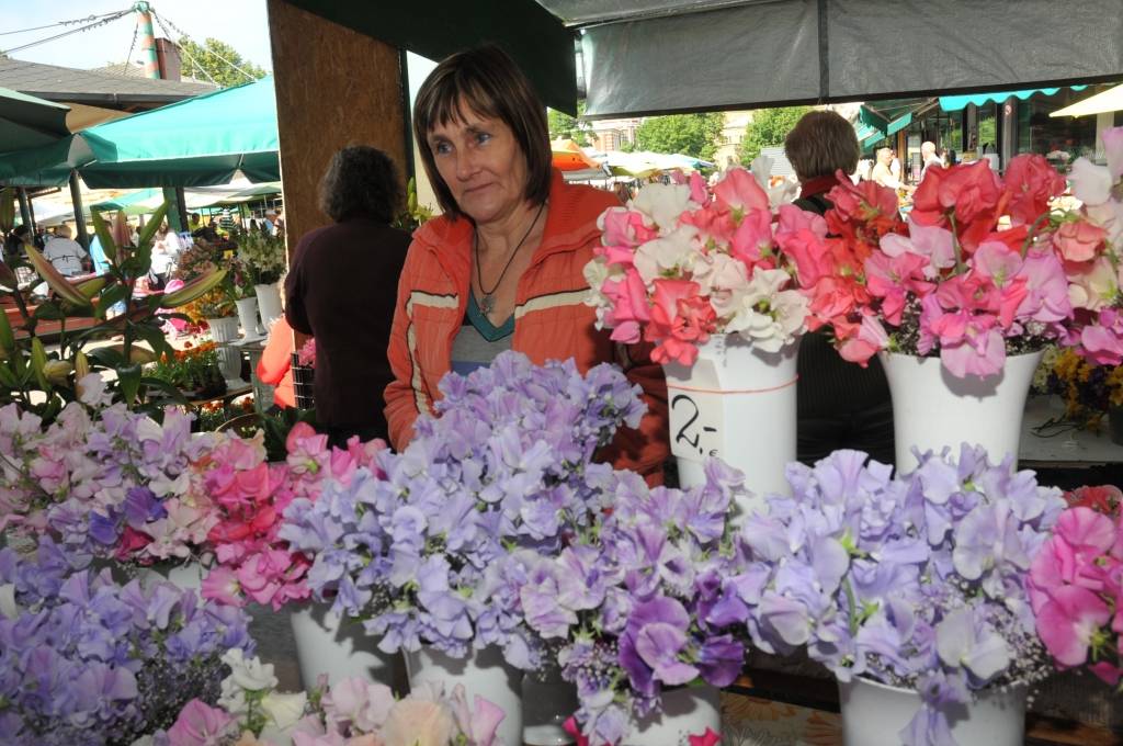 Lailas Milleres audzētos ziedus tirgū pārdod Irēna Barminova.