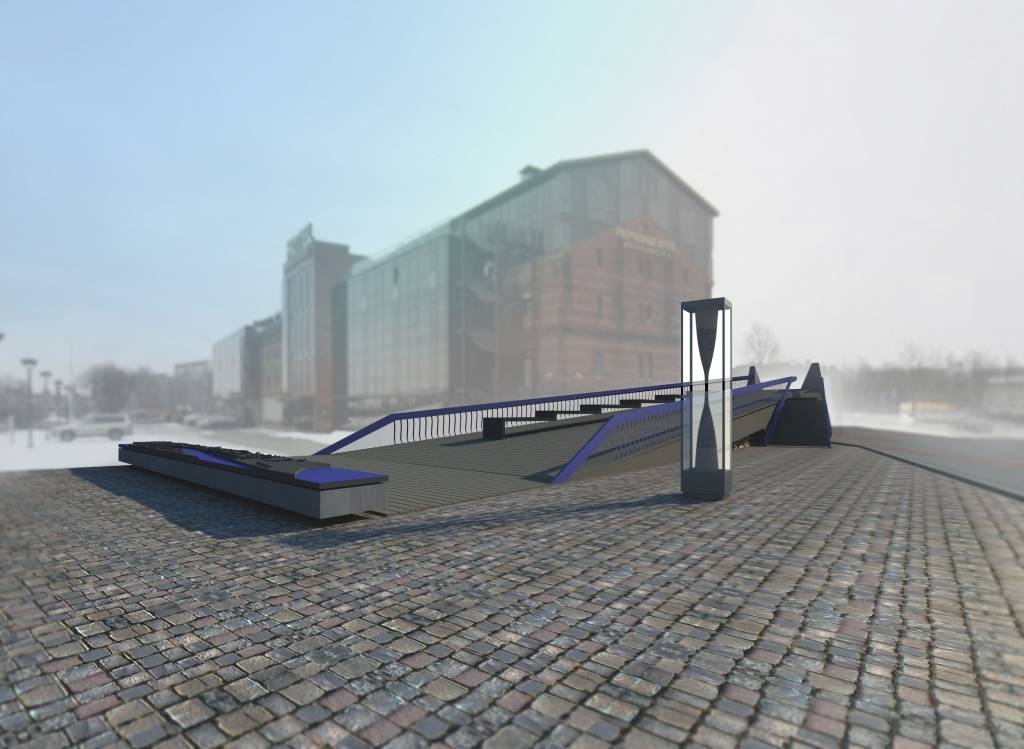 Gājēju tiltiņa rekontrukcijas tehniskā projekta vizualizācijas. Priekšplānā Liepājas ostas makets.
Autors: Autors – SIA “Projektēšanas birojs “ARHIS”” .